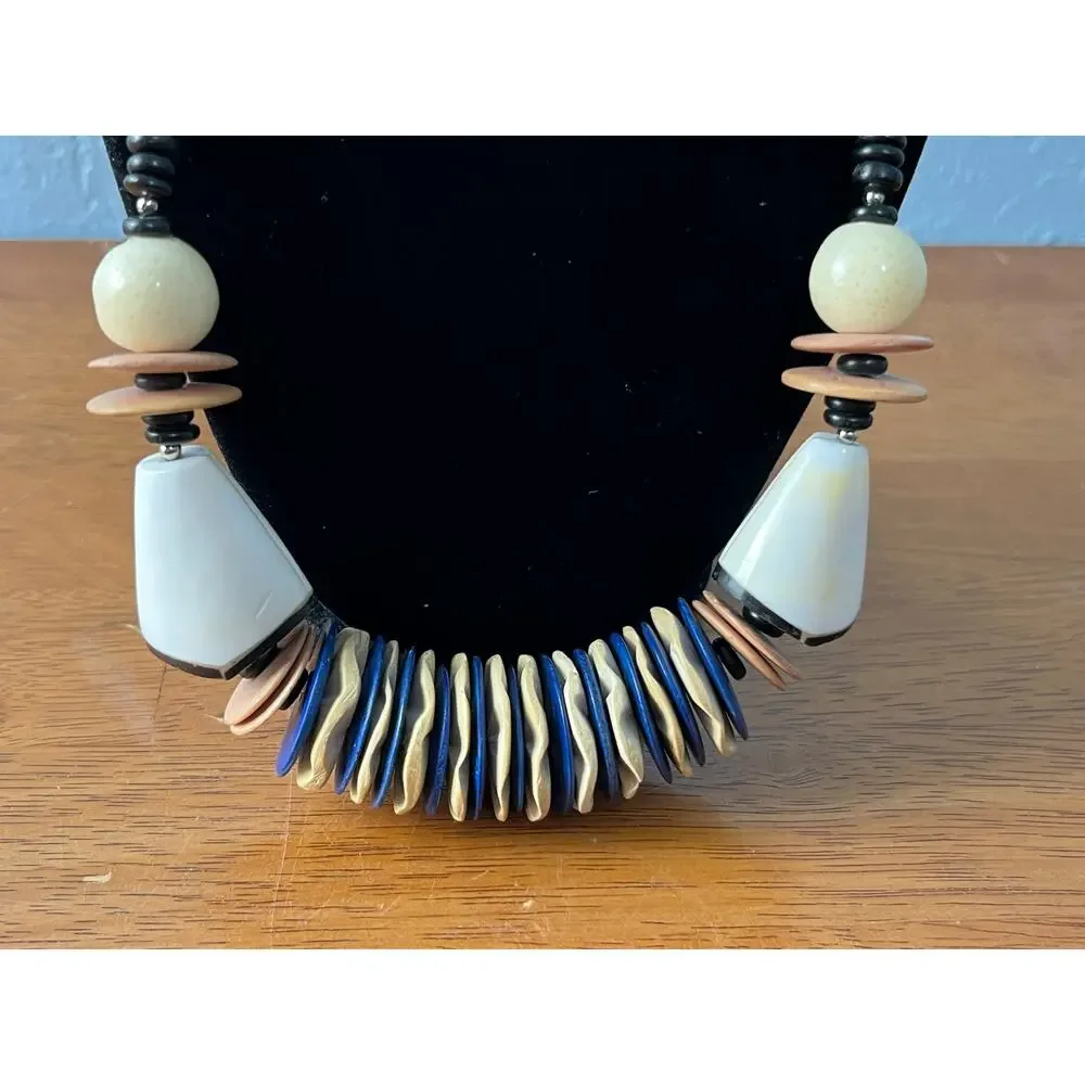 VTG Chunky Beaded Necklace Tribal Boho Disc Beads Statement Artisan